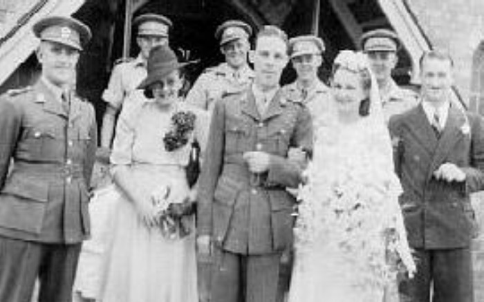 06. The Wedding Party included Bob's commanding officer, Joy's sister, Bride & Groom, Joy's brother-in-law, & four comrades from Bob's flight crew